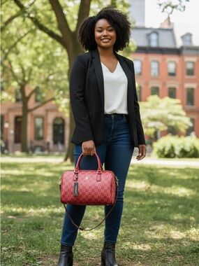 London Fog Ruby Red Checkered Logo Boston Barrel Signature Satchel (NWT)